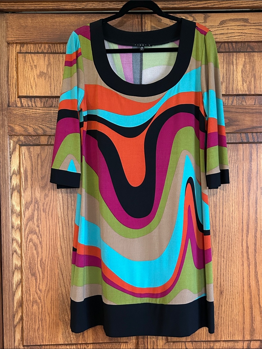 Tiana B. Multicolor Swirl Midi Dress in Black, Orange, Turquoise, Magenta, Olive